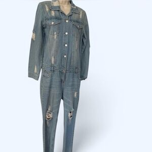 Distressed Blue Denim Women's Jumpsuit